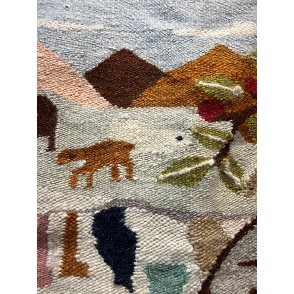 Vintage Afro Weavers Multi Wool Hand Woven Tapestry Village Scene 95x90